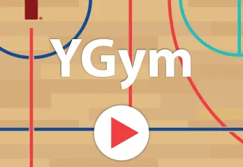 Gymnasium floor background with YGym logo and play button.