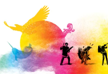 Among the various visual elements illustrating Indigenous cultures, the sun (the summer solstice) is at the center which is at the heart of the festivities. The First Nations, Inuit and Métis as well as the four elements of nature (earth, water, fire and air) are represented in the image and shown opposite. The whole visual is supported by a multicolored smoke* reminding us of Indigenous spirituality but also the colors of the rainbow - symbol of inclusion and diversity of all First Nations, Inuit and Métis
