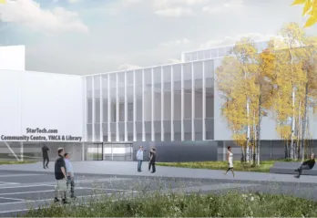 A rendering of the exterior of StarTech.com Community Centre, YMCA, & Library