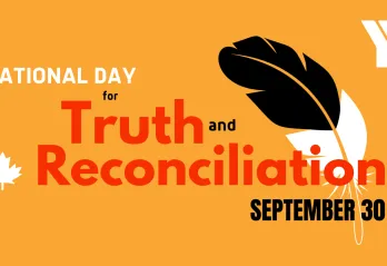 National Day for Truth and Reconciliation September 30. [Black and white feather on an orange background.]