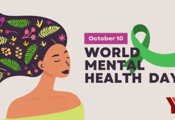 October 10 - World Mental Health Day. Image: An illustration of a woman closing her eyes with leaves in her hair, next to a green ribbon.