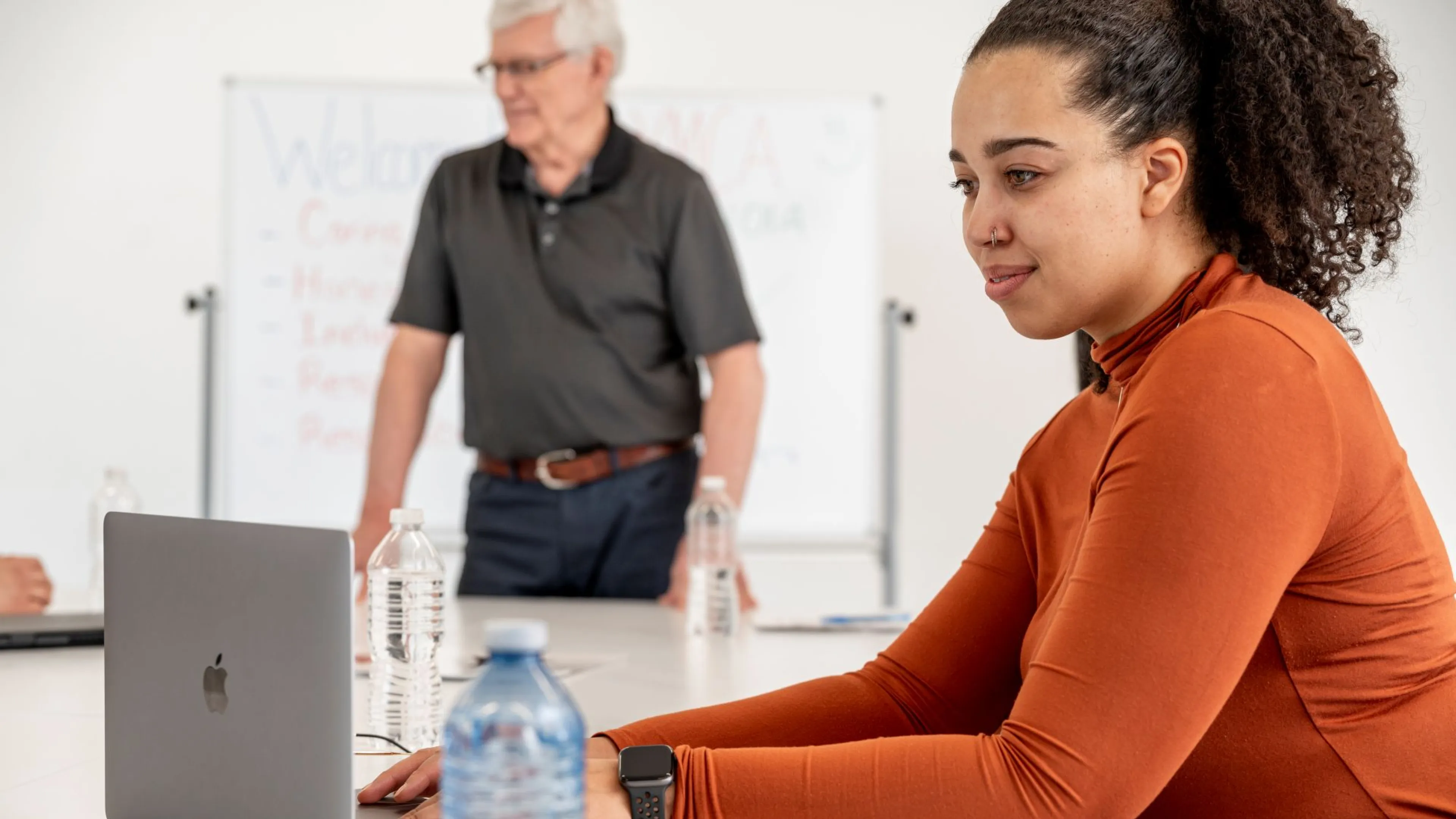 Woman at computer in classroom