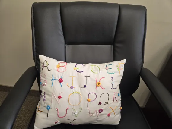 Embroidered pillow on chair