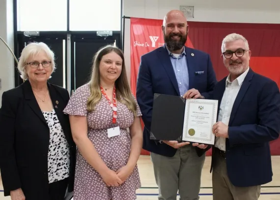 Peggy Sattler, MPP for London West; Angelica Arsenault, Aquatics Manager, YSWO; Terence Kernaghan, MPP for London North Centre; Andrew Lockie, CEO, YSWO