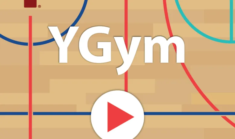 Gymnasium floor background with YGym logo and play button.