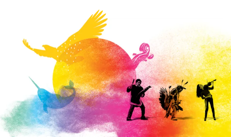 Among the various visual elements illustrating Indigenous cultures, the sun (the summer solstice) is at the center which is at the heart of the festivities. The First Nations, Inuit and Métis as well as the four elements of nature (earth, water, fire and air) are represented in the image and shown opposite. The whole visual is supported by a multicolored smoke* reminding us of Indigenous spirituality but also the colors of the rainbow - symbol of inclusion and diversity of all First Nations, Inuit and Métis