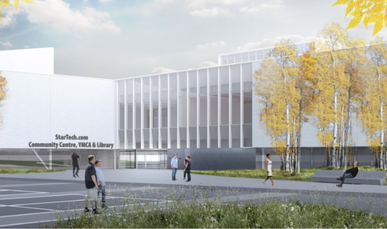 A rendering of the exterior of StarTech.com Community Centre, YMCA, & Library