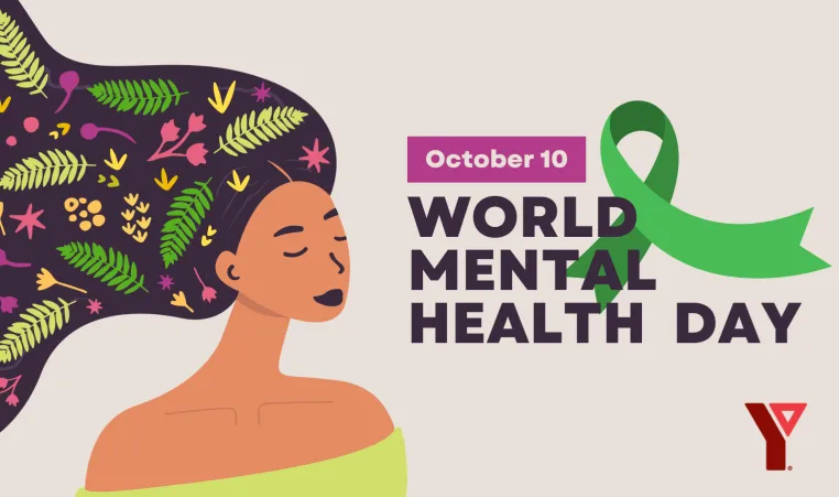 October 10 - World Mental Health Day. Image: An illustration of a woman closing her eyes with leaves in her hair, next to a green ribbon.