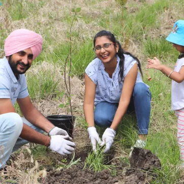 A newcomer family of three laugh and plant a tree together.