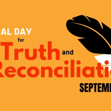 National Day for Truth and Reconciliation September 30. [Black and white feather on an orange background.]