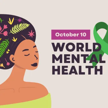 October 10 - World Mental Health Day. Image: An illustration of a woman closing her eyes with leaves in her hair, next to a green ribbon.