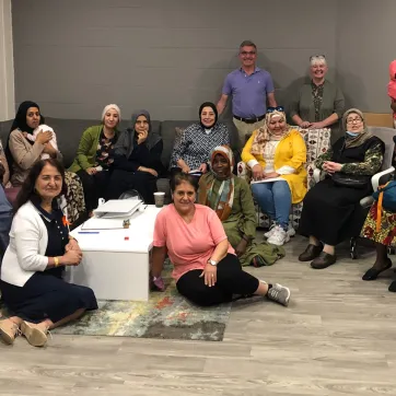 Andrew Lockie, CEO and Jacquie Rumiel VP Newcomer & Community Services visit the Newcomer Women’s Group at the YMCA Windsor Learning Centre.