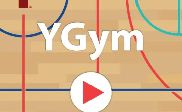 Gymnasium floor background with YGym logo and play button.