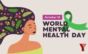 October 10 - World Mental Health Day. Image: An illustration of a woman closing her eyes with leaves in her hair, next to a green ribbon.
