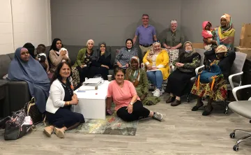 Andrew Lockie, CEO and Jacquie Rumiel VP Newcomer & Community Services visit the Newcomer Women’s Group at the YMCA Windsor Learning Centre.